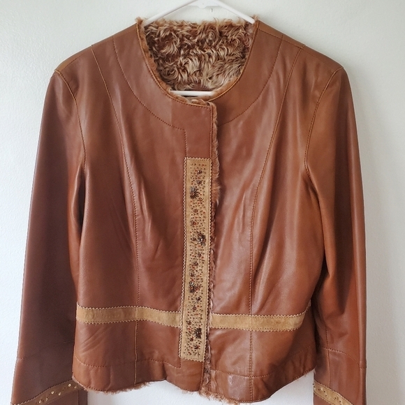 Vtg Y2K Cache Lamb Leather Fur Trim Sueded Gemstone Jacket Size Medium - Picture 3 of 16